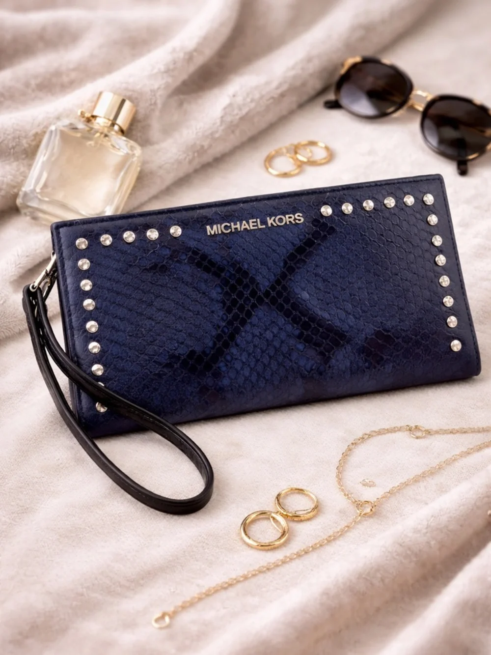 Michael Kors Blue Snakeskin Studded Leather Wristlet Clutch Wallet